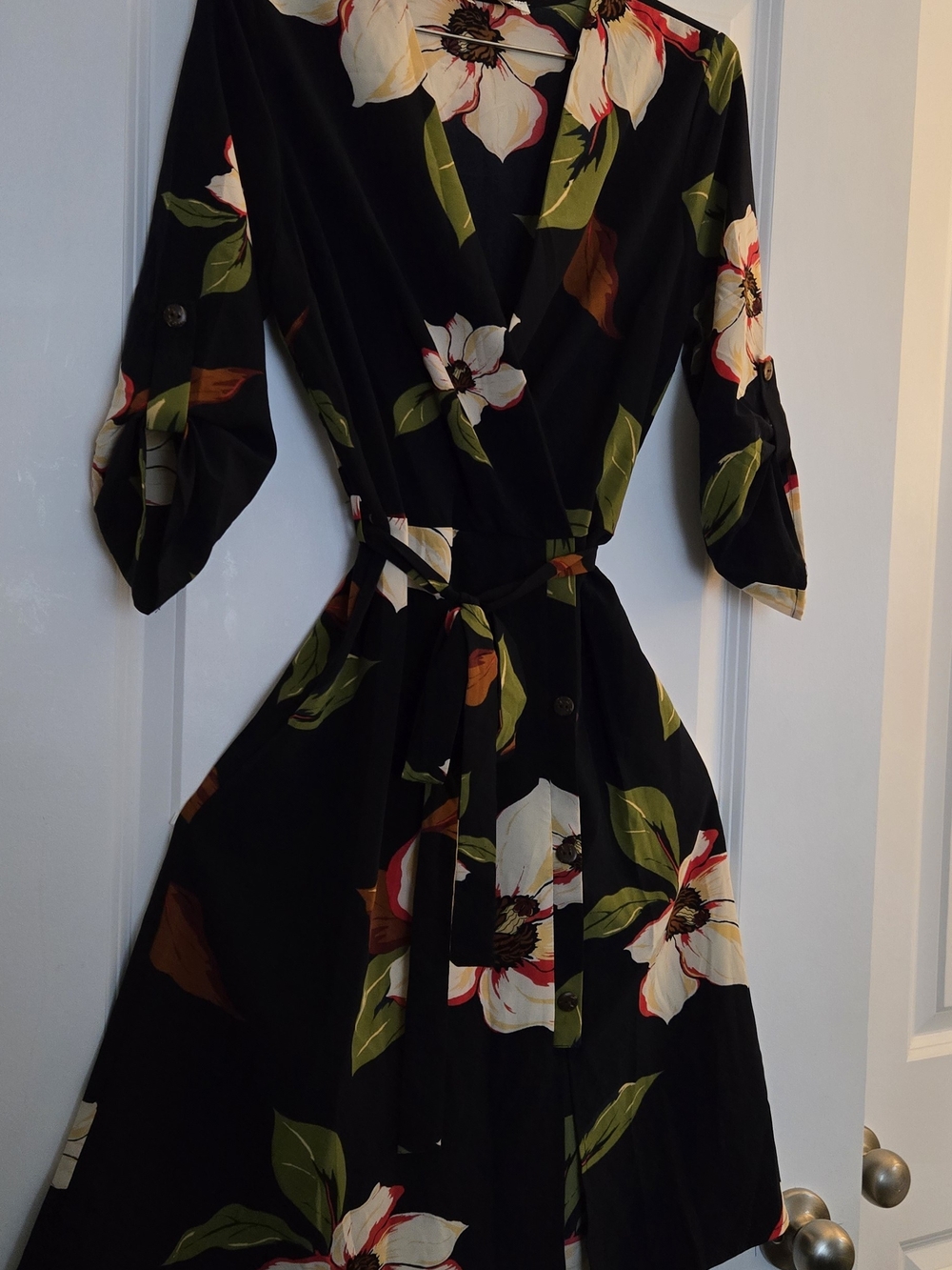 Monteau Black Floral Wrap Dress with Cream & Green Blooms
